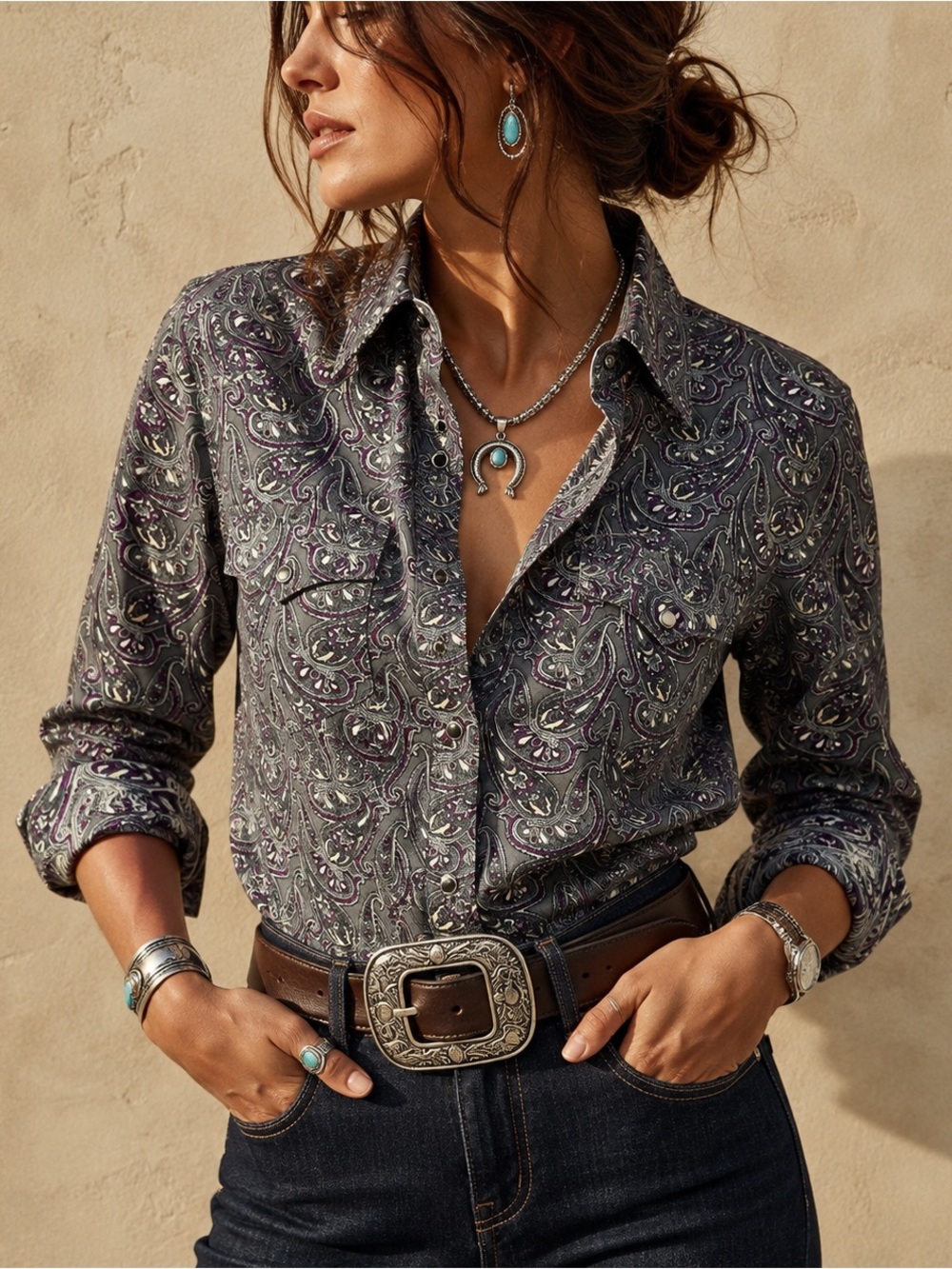Stetson Women’s Small Paisley Western Pearl Snap Shirt Gray Purple Cowboy